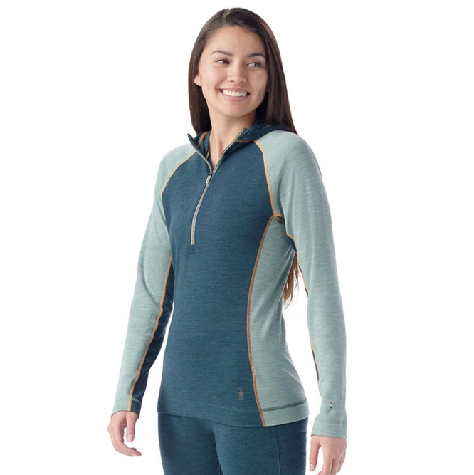 Womens Classic Thermal Merino Baselayer 1/2 Zip Hoodie Twilight Blue/ Arctic Green