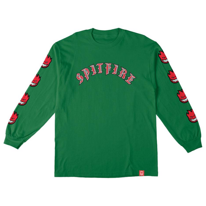 Wheels Old E Bighead Fill Sleeve Long Sleeve Skate T-Shirt - Kelly Green/Red/White